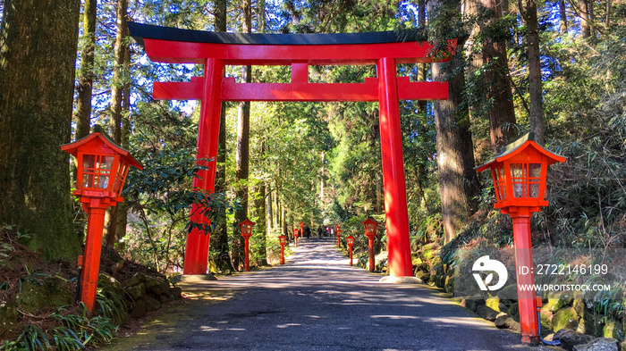 Picturesque landscape scenery with Ashi Lake and Hakone Shrine in Fujihakoneizu National park, popular tourist nature leisure getaway close to Tokyo in Japan