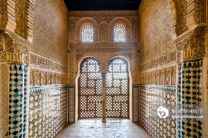 Arabic interiors of Nasrid Palace of Alhambra palace complex in Granada, Spain
