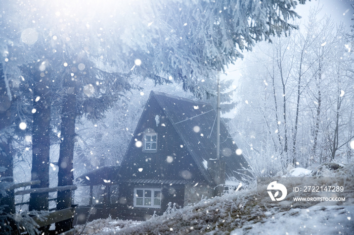 Dreamy winter landscape with small wooden hut in magic mist and snowfall.