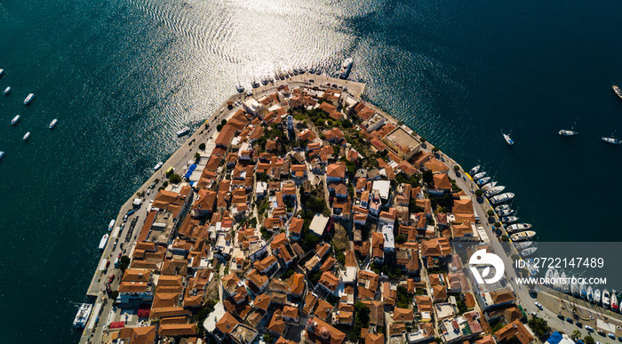 Aerial view of the chapel on the island of Poros. Greece in the summer