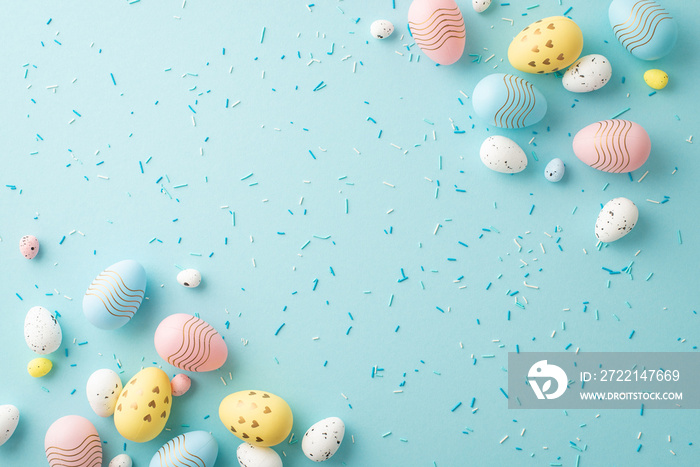 Easter decorations concept. Top view photo of white yellow blue pink easter eggs and sprinkles on isolated pastel blue background with empty space