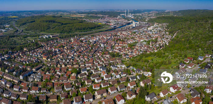 Aerial view of the city Plochingen in spring during the coronavirus lockdown.