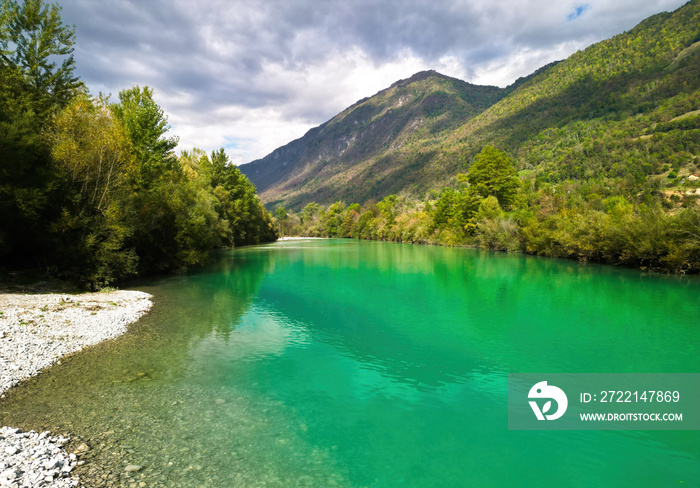 Aerial view of Mesmerizing turquoise colored river Soca.