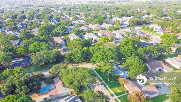 Top view an established neighborhood with row of single family homes near Dallas, Texas, USA