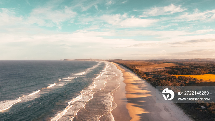 Aerial view of Seven Mile Beach at Broken Head looking back to Lennox Head, Australia