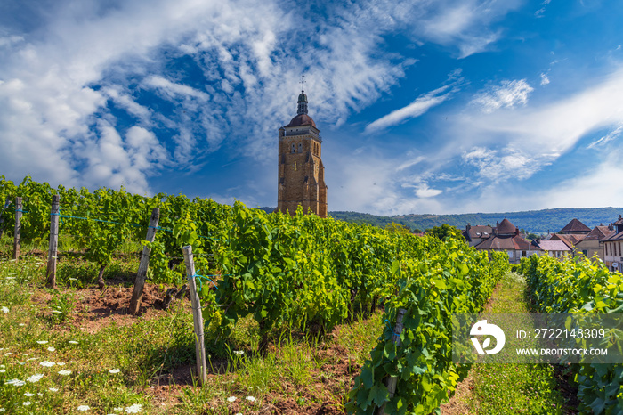 Vineyards with Arbois church, Department Jura, Franche-Comte, France