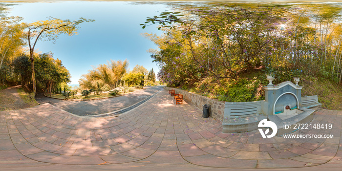 Botanical garden Georgia Batumi blue sky trees spring with 3D spherical panorama with 360 degree viewing angle Ready for virtual reality in vr Full equirectangular projection Beautiful background