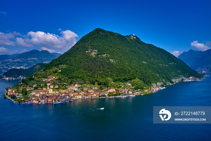 Flight on drone, aerial view of lake Iseo - Lago d’Iseo, Italy.