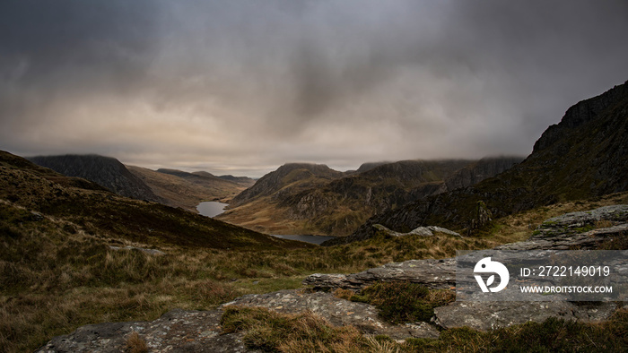 Dark dull gloomy mountain landscape shot of Snowdonia Glyderau