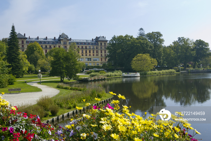 Colourful summer flowers by the lake at Bagnoles de l’Orne, Orne, Lower Normandy, France