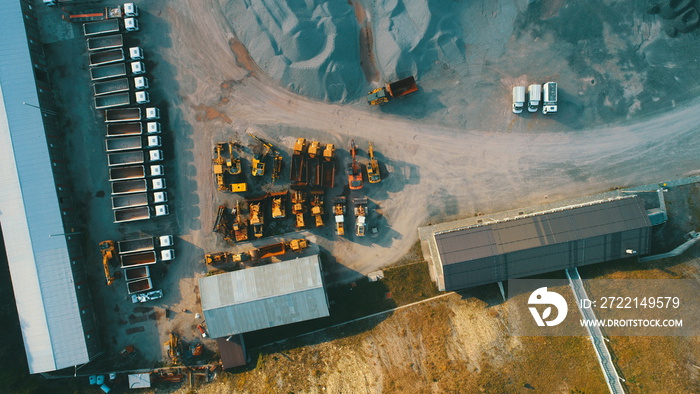 Aerial top view of crushed stone quarry machine in a construction material factory