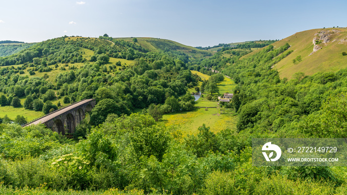 Peak District landscape with the Headstone Viaduct over the River Wye in the East Midlands, Derbyshire, England, UK