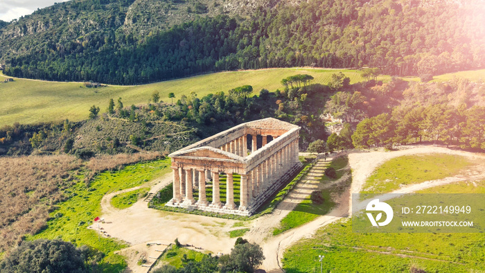 Temple of Segesta in the countryside of Sicily, Italy. Aerial view from drone