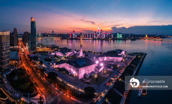 航拍长沙北辰三角州滨江文化园洲头广场夜景