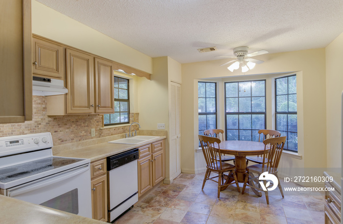 Simple style kitchen with round eat in table.