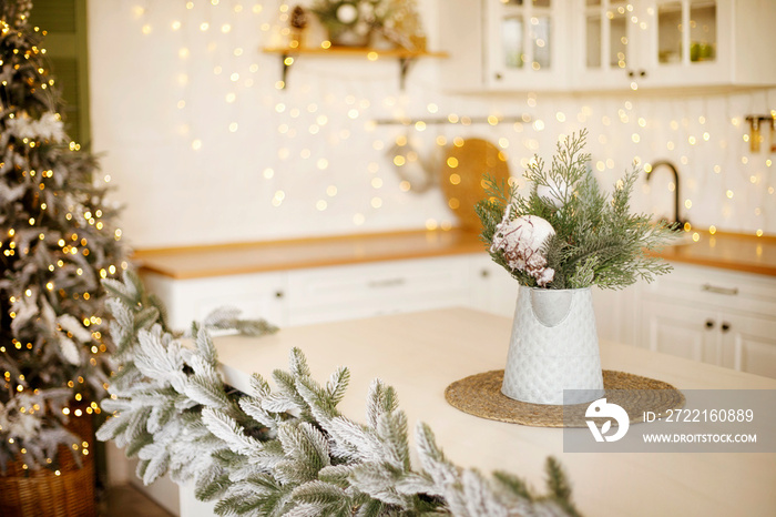 Christmas decor in kitchen at daylight