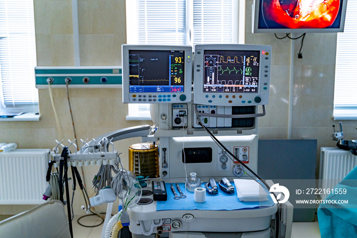 Mechanical ventilation equipment. Screen with results. Pneumonia diagnosing. Ventilation of the lung