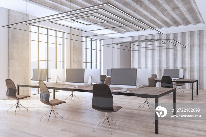 New spacious concrete and wooden coworking office interior with window and daylight, table, computer