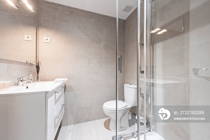 Bathroom with one-piece resin sink, shower stall with frameless mirror enclosures and chrome fixture