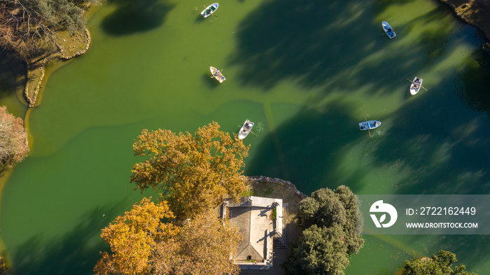 Aerial view of the small lake in Villa Borghese park. This pond is located in Rome, Italy. There are