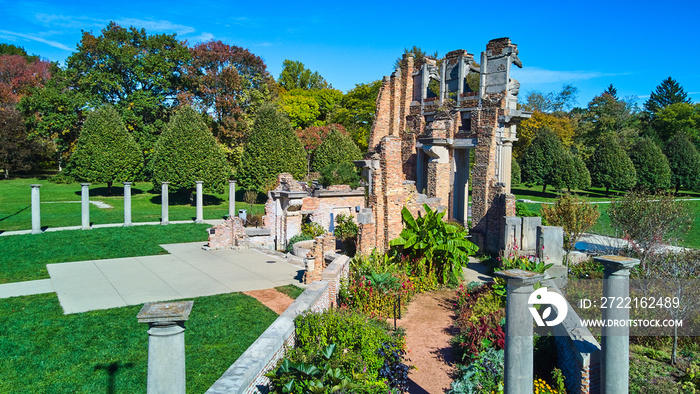 Gardens next to old ruins in park of Indianapolis, Indiana