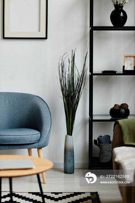 Graphic background image of minimalistic living room interior with decor items on open shelves