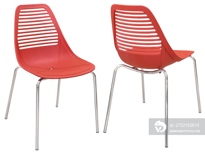 Modern stylish chair made of red plastic and metal legs. Isolated from the background. Interior elem