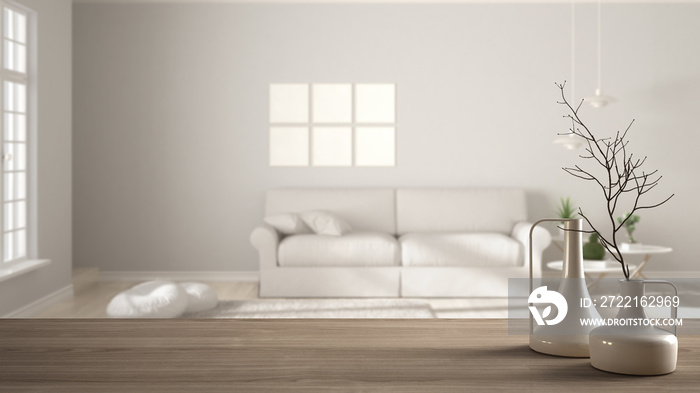 Wooden table top or shelf with minimalistic modern vases over blurred minimalist scandinavian living