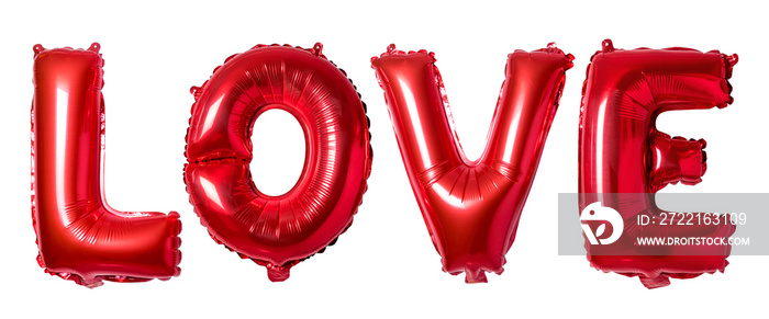 Word love in english alphabet from red balloons on a white background. Minimal love concept.