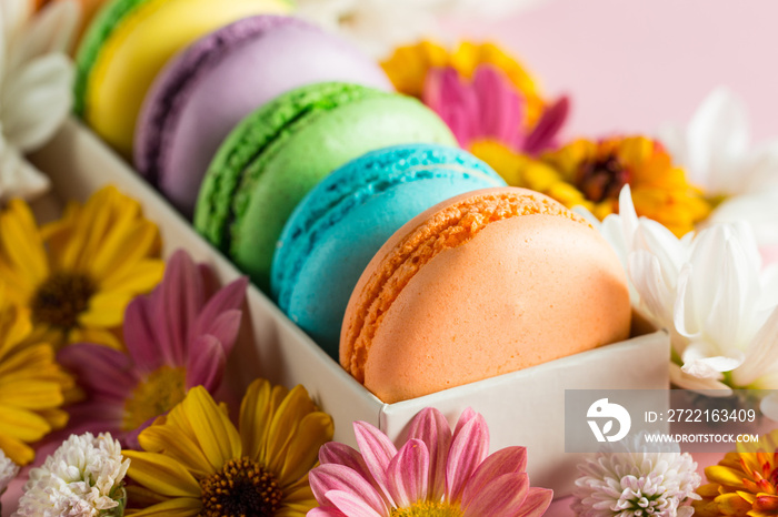 Still life and food photo of cake macarons in a gift box with flowers, a cup of tea on light backgro