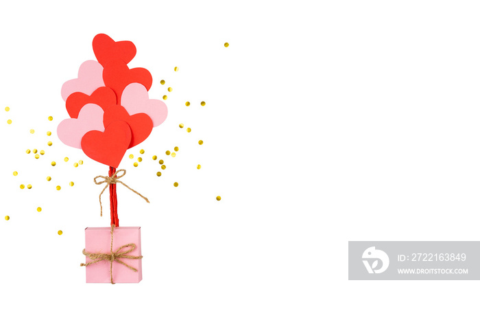 pink gift box with hearts balloon and confetti