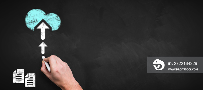 hand drawing document symbols that get uploaded to a cloud on a chalkboard