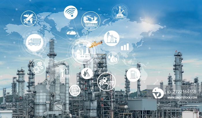 Industry 4.0 Oil refinery and double exposure icon concepts, networking and data exchange and modern