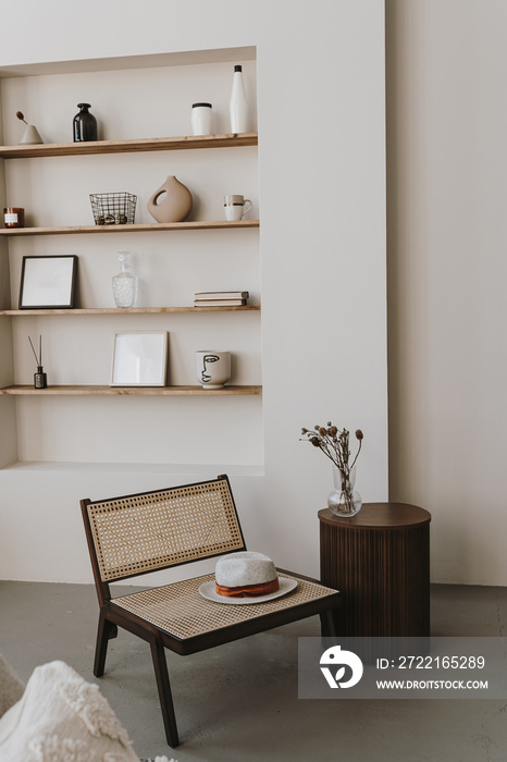 Elegant stylish rattan chair, dried flowers bouquet, hat, side table, interior decorations. Modern a