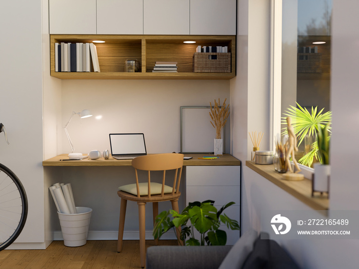 Minimal modern comfortable home workplace with laptop mockup