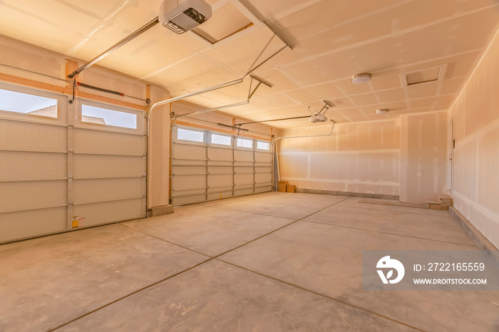 Interior of an empty garage with two large doors and small rectangular windows