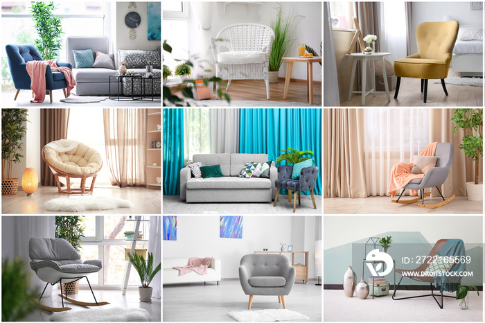 Collage with stylish and comfortable armchairs in different room interiors