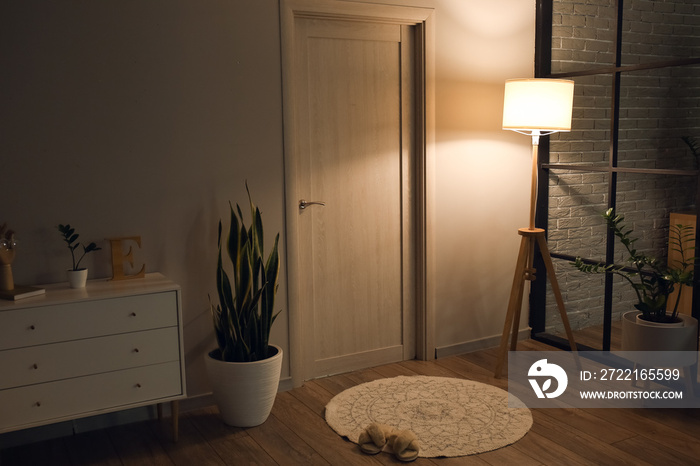 Glowing floor lamp near door in dark room