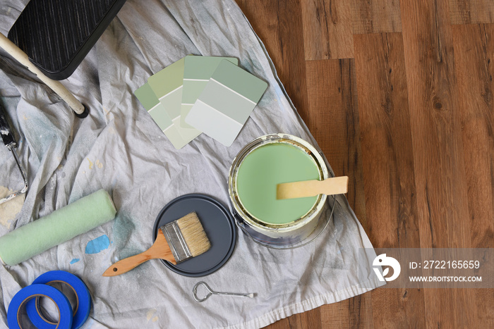 High angle view of equipment for painting an interior room.