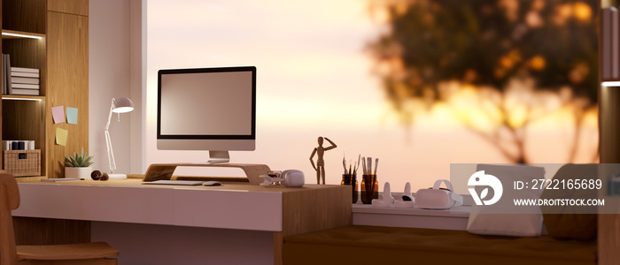 Comfortable and modern home living workspace with pc computer mockup