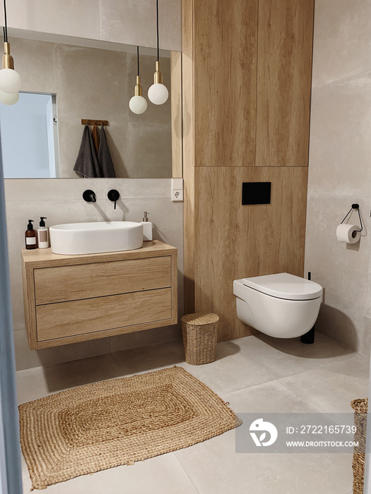 Modern Nordic Scandinavian interior design concept. Bathroom with neutral grey and beige colors. Ele