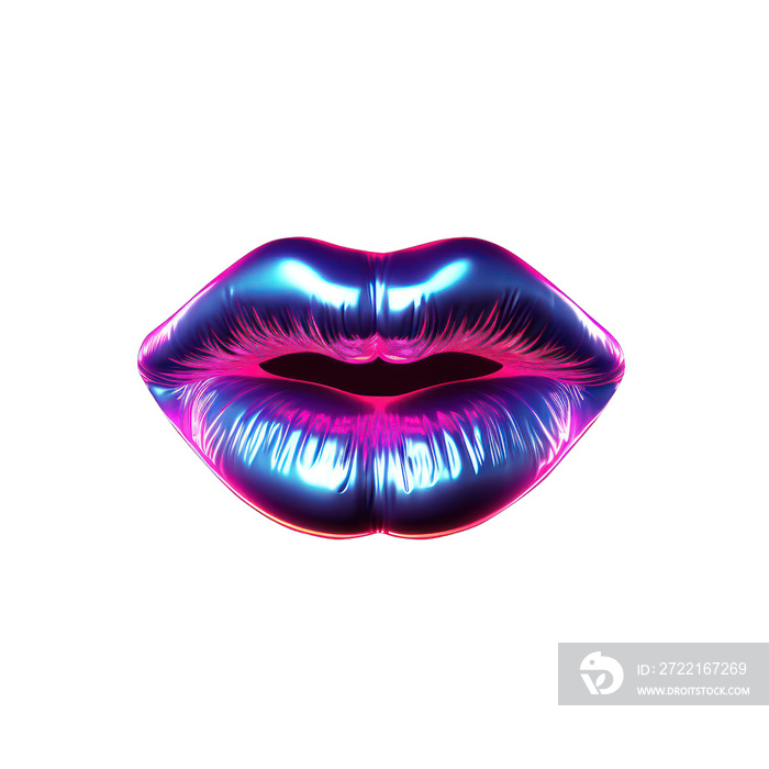 isolated lips icon, bright neon cyberpunk lips illustration on transparent background, brightly colo