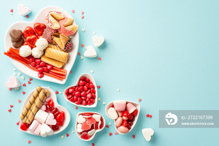 Valentines Day concept. Top view photo of heart shaped saucers with sweets candies on isolated past