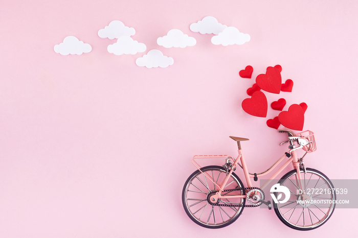 Happy Valentines day. bicycle and flying hearts. Mothers Day or Womens Day, greeting cards, invit