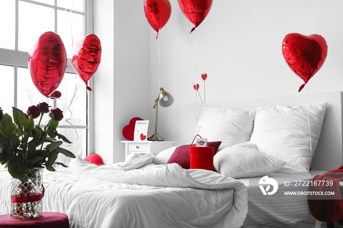 Interior of bedroom decorated for Valentines Day in morning