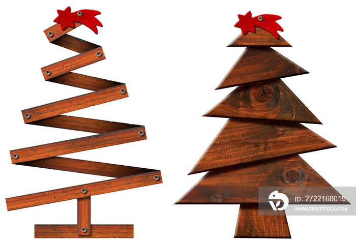 3D illustration of two small wooden Christmas trees with red comet star Isolated on white or transpa