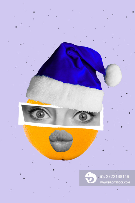 Artwork magazine picture of citrus funny lady eyes mask x-mas hat pouted plump lips isolated drawing