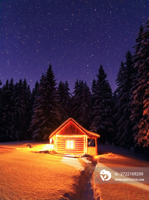 Wooden hut on the lawn covered with snow. Marry Christmas and New Year. The lamps light up the house
