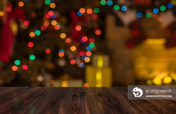 Many gift boxes near the Christmas fireplace in a festive interior of a Log Cabins with wooden walls