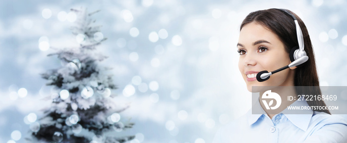 christmas theme woman with headset smiling isolated on christmas background
